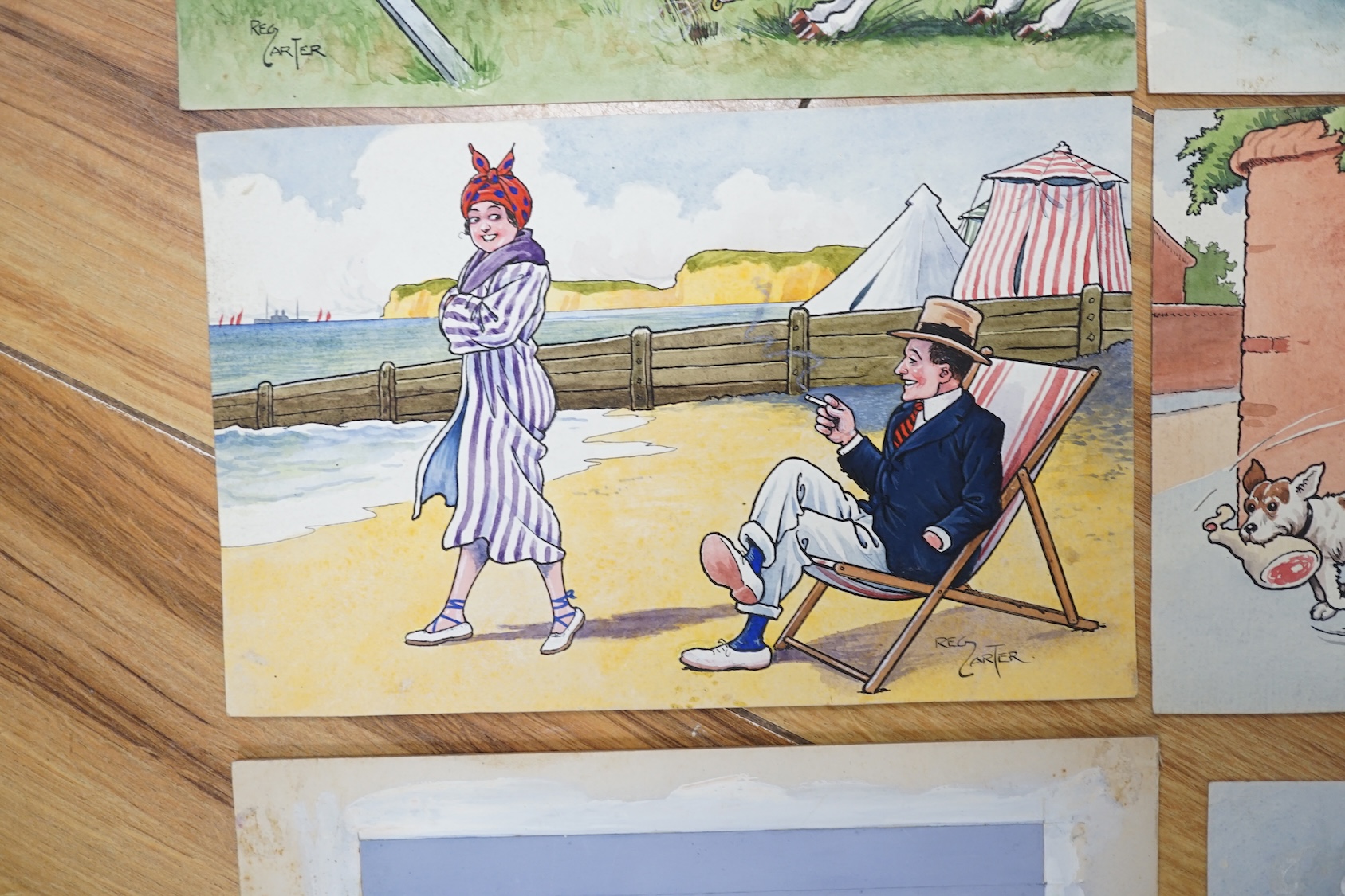 Reg Carter (1886-1949), set of six original watercolours for postcard designs, Humorous figures and scenes, each signed, largest 13 x 21cm, unframed. Condition - fair, some staining